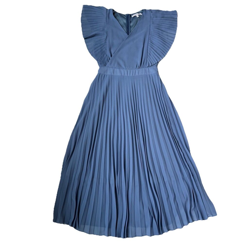 Ivy City Co Alice in Wonderland Pleated Short Sleeve Dress Flowy Blue X-Small